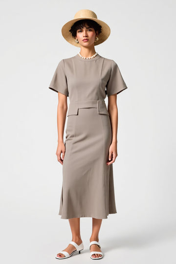 Grey Satin Round Neck Midi Wedding Guest Dress with Short Sleeves